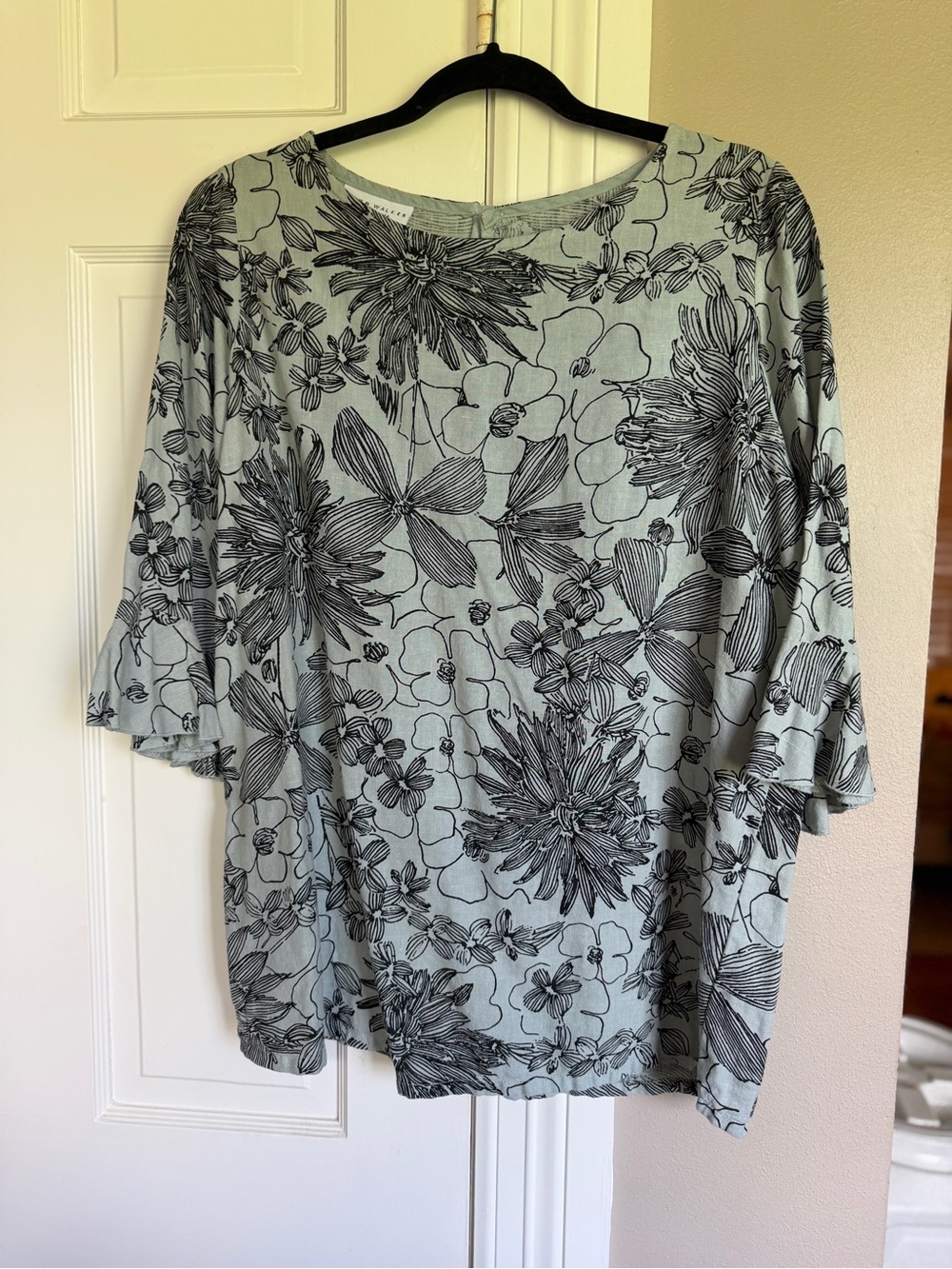 bryn Walker Light Sage Floral Tunic with Black Outline Print